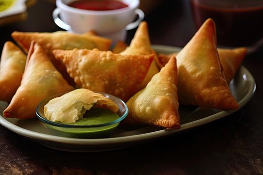 Close up shot of delicious samosas on a green plate with green condiments