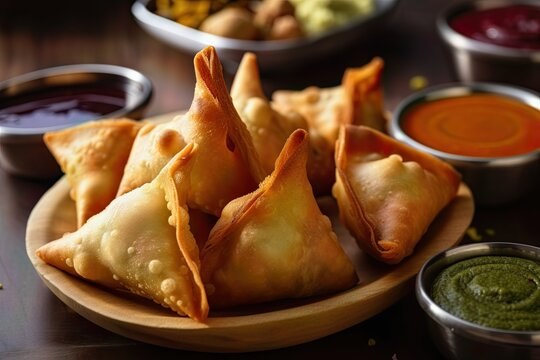 Close up shot of delicious samosas on a wooden plate with green spices