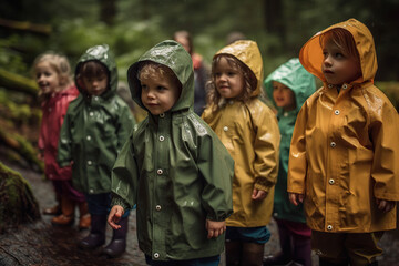 Fototapeta premium A group of children are seen playing in nature, wearing rain boots and waterproof clothing, jumping and splashing in the muddy ground | Exploring Nature with Galoshes and Raincoats AI GENERATIVE