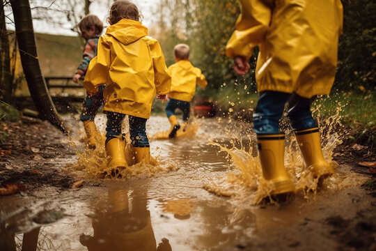 A group of children are seen playing in nature, wearing rain boots and waterproof clothing, jumping and splashing in the muddy ground | Exploring Nature with Galoshes and Raincoats AI GENERATIVE