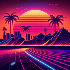 Fototapeta premium Synth wave tropical retro city landscape background at sunset Generative AI