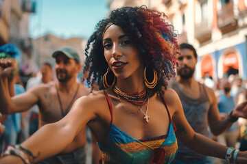 A group of salsa dancers dressed in vibrant colors are seen performing on a busy street in Cuba. The rhythmic beat of the musi, the dancers expertly twirl, dip, and sway, AI GENERATIVE - obrazy, fototapety, plakaty