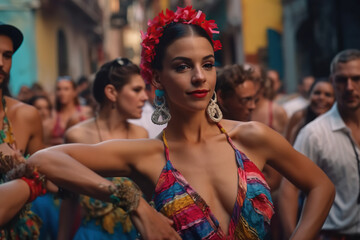 A group of salsa dancers dressed in vibrant colors are seen performing on a busy street in Cuba. The rhythmic beat of the musi, the dancers expertly twirl, dip, and sway, AI GENERATIVE