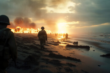 Normandy Beaches: Remembering war, the Sacrifice and Heroism of WW2 Soldiers, explosions, storming - Ai generative