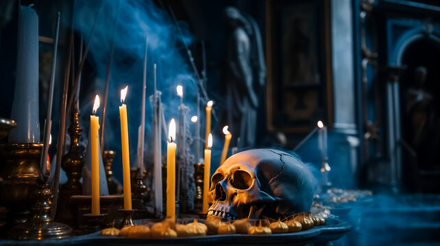 the bone church candles blue and yellow smoke, ritual, black magic, spell, death, generative AI,