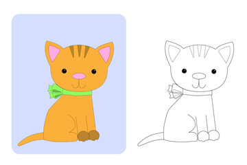 Coloring page. Cute kitten with a green bow.