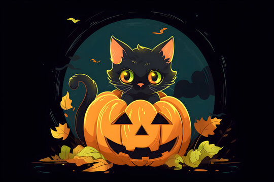 vertical illustration Halloween greeting card Holidays cartoon character halloween holiday concept. cute cat and pumpkin on dark background place for text Generative AI