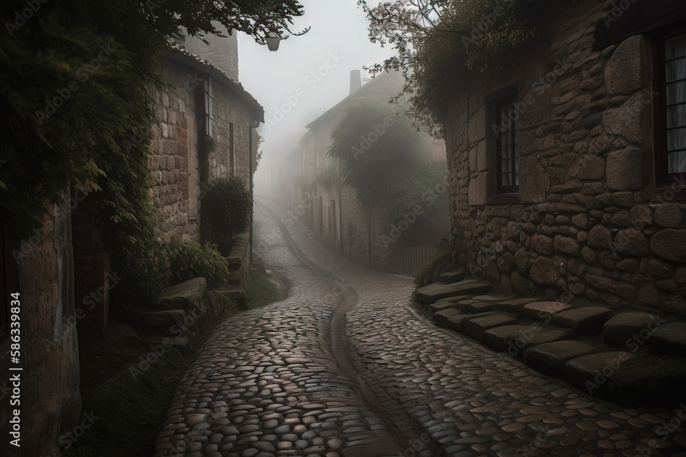 Poster a cobblestone street with stone buildings on both sides of it in the middle of a foggy day with tree