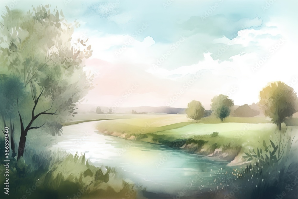 Poster a painting of a river running through a lush green field next to a tree and grass covered field with