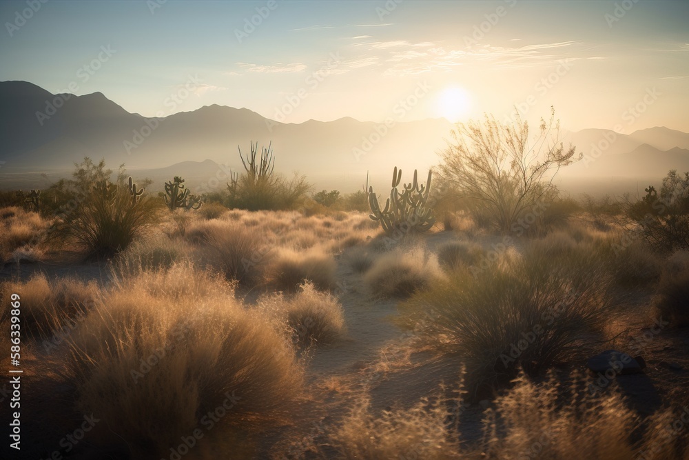 Poster the sun is setting in the desert with a few bushes and bushes in the foreground and mountains in the