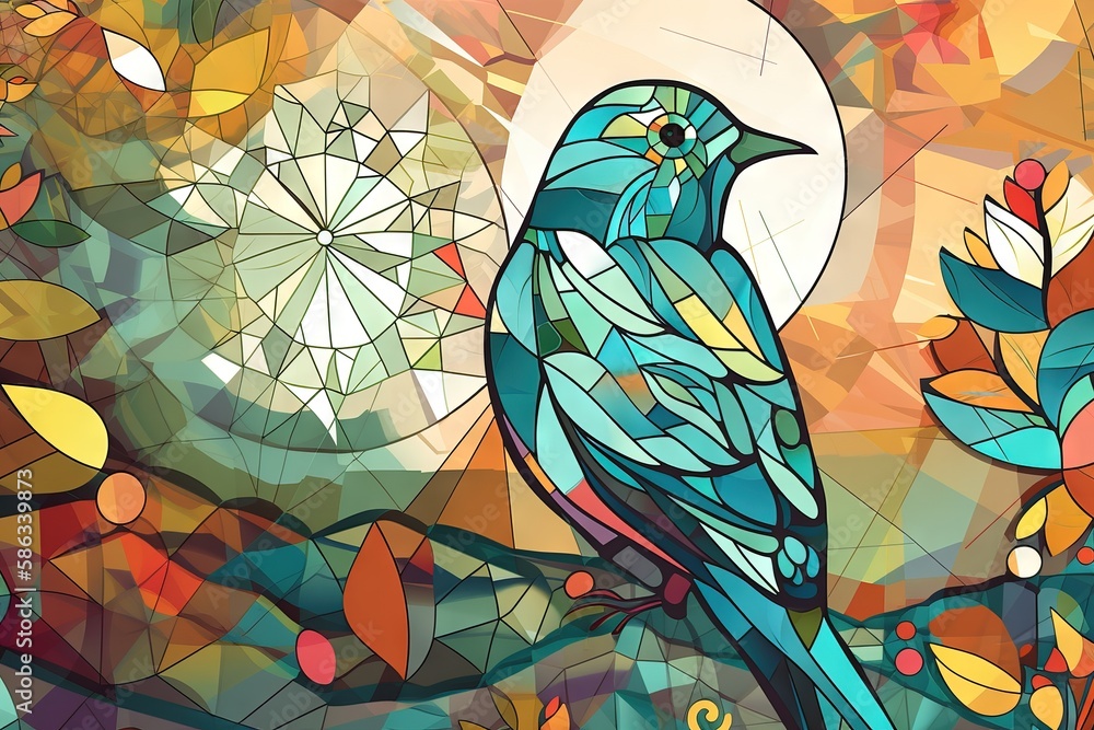 Poster a colorful bird sitting on a tree branch with a full moon in the background and leaves in the foregr