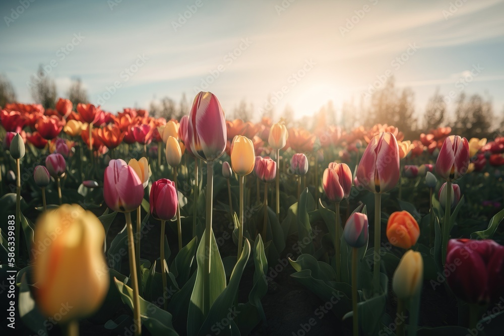 Poster a field full of red and yellow tulips with the sun shining through the clouds in the background, wit