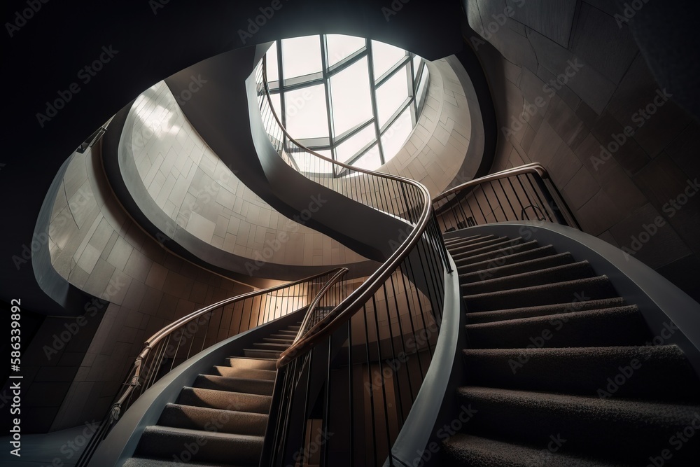 Poster a spiral staircase in a building with a skylight on the top of it and a circular window on the side 