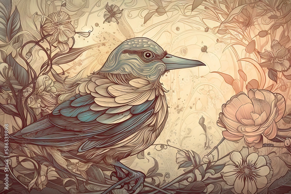 Poster a drawing of a bird sitting on a branch with flowers and butterflies in the background and a butterf