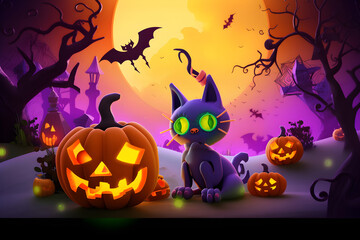 vertical illustration Halloween greeting card Holidays cartoon character halloween holiday concept. cute wicked cat and pumpkin on dark background place for text Generative AI