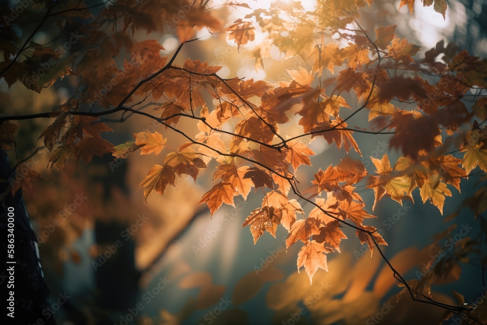 Poster a tree branch with yellow leaves in the sun shining through the leaves of the tree in the background