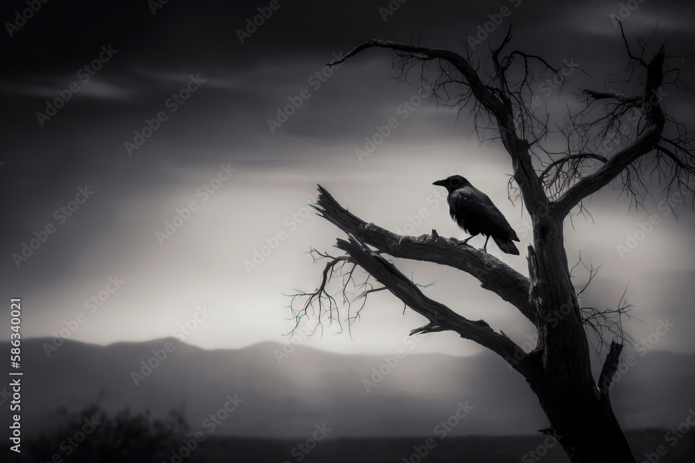 Aufkleber a black and white photo of a bird perched on a dead tree in a field with mountains in the distance i