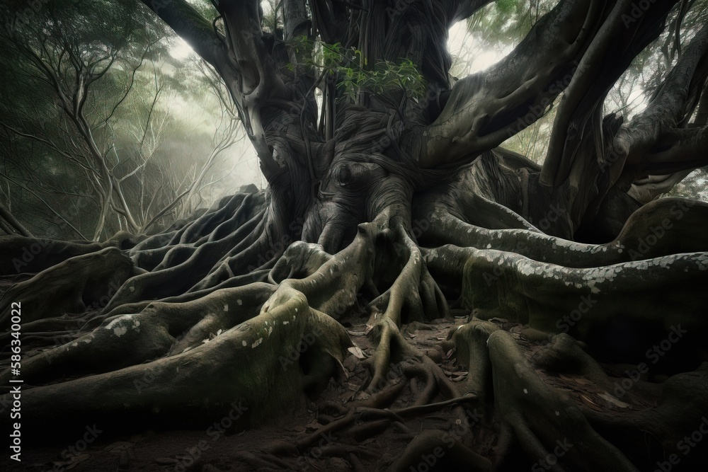 Poster a very large tree with many roots in a forest with a foggy sky in the background and a few trees in 