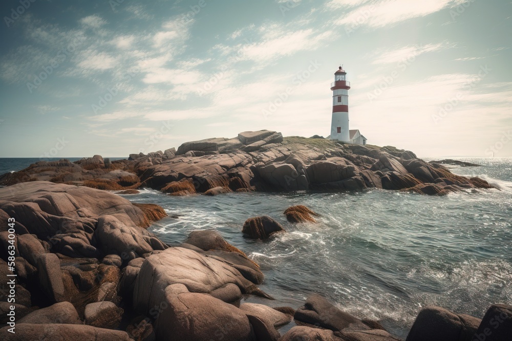 Poster a lighthouse on a rocky shore with the ocean in the foreground and a blue sky with clouds in the bac