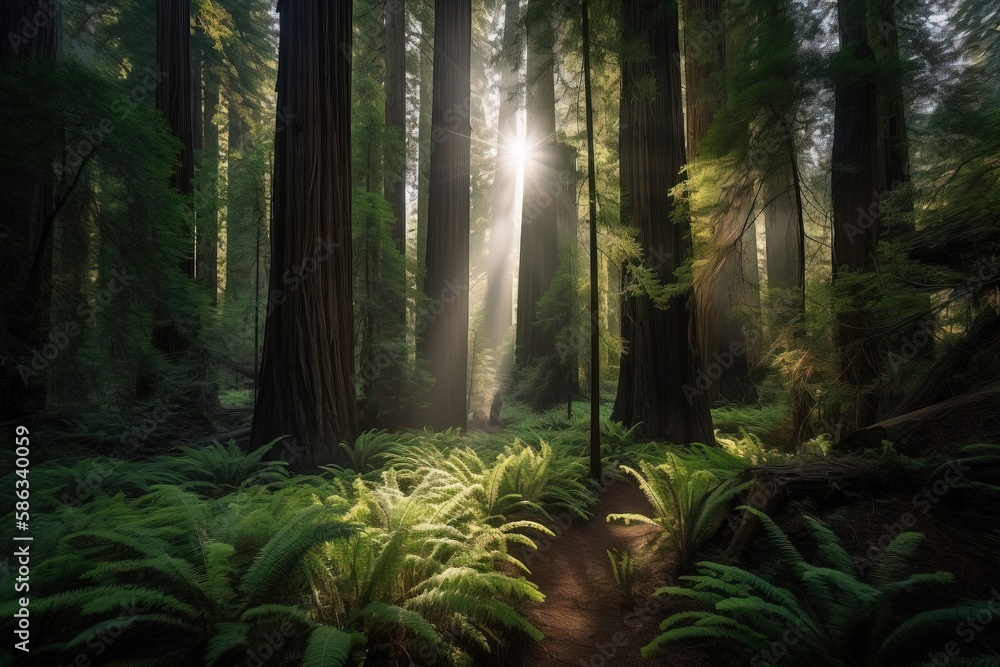 Poster a path through a forest with lots of tall trees and ferns on the side of the path and the sun shinin