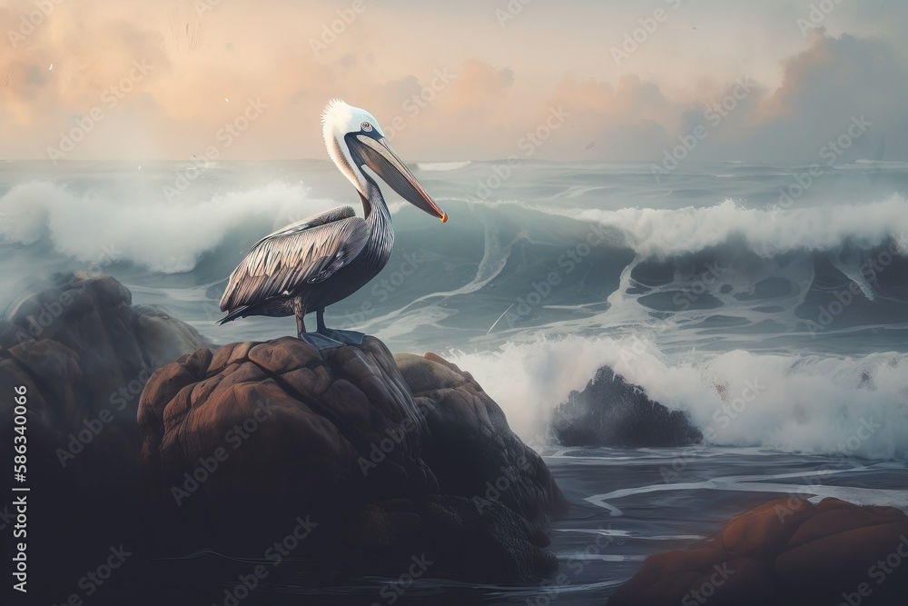 Poster a pelican is sitting on a rock in the ocean with a wave crashing behind it and a bird with a long be