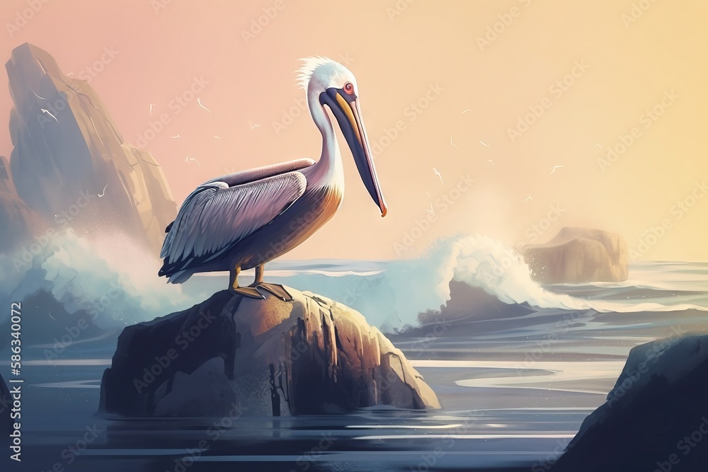 Poster a pelican is sitting on a rock in the water with a wave crashing behind it and a bird is standing on