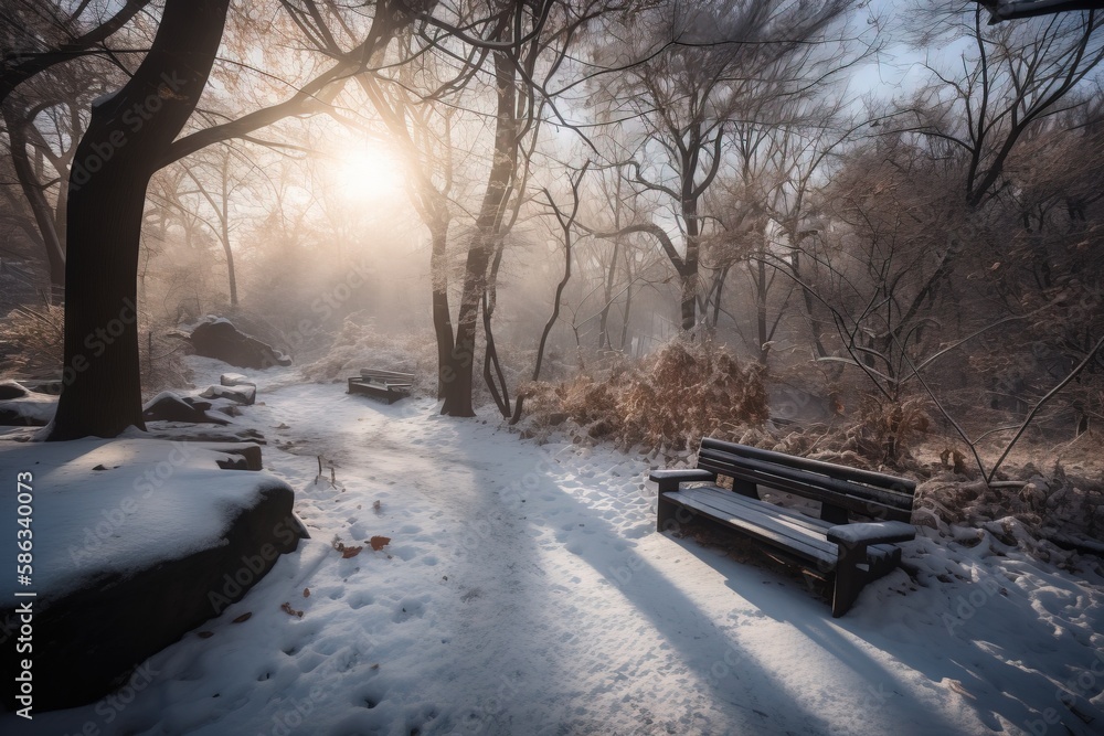 Poster a park bench covered in snow next to a forest with trees in the background and sun shining through t