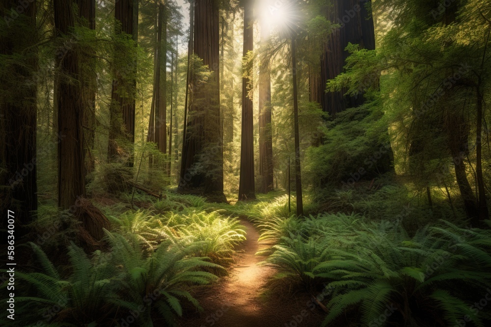 Poster a path through a forest with lots of tall trees and ferns on both sides of the path is lit by a brig
