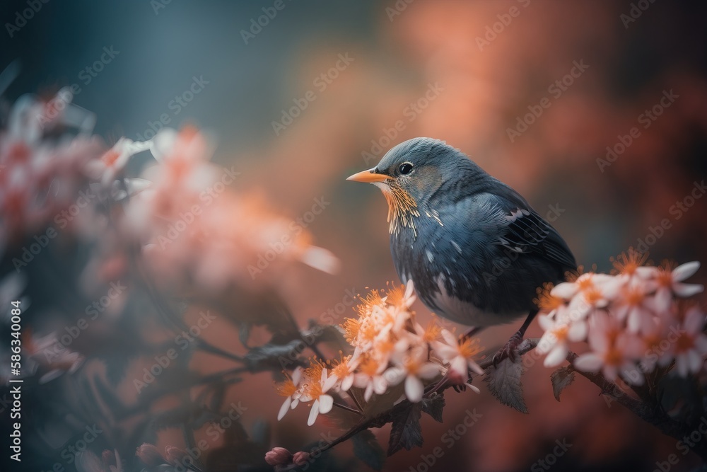 Aufkleber a small bird sitting on a branch of a tree with white and orange flowers in the background and a blu