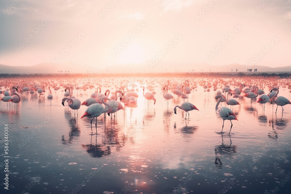 Poster a large group of flamingos standing in the water at a lake with a sunset in the background and a few