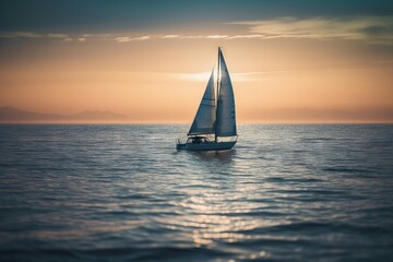 Naklejka na ściany i meble a sailboat is sailing in the ocean at sunset or dawn with the sun shining on the water and a distant island in the distance. generative ai