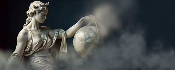 A Universal Image of Justice: The Lady of Justice with Her Hand on the World Globe and Its Significance.  Generative AI.