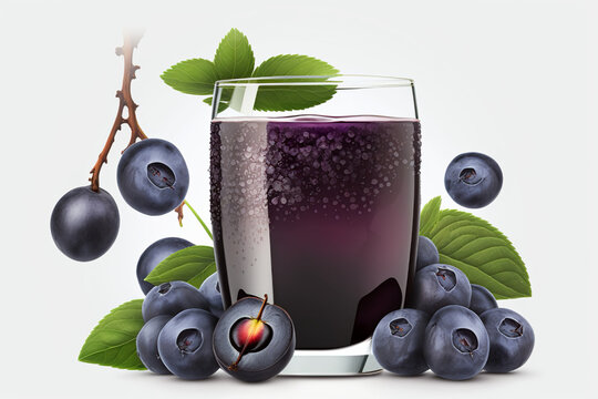 Isolated Damson Juice Fruit with Green Leaves Generative Ai 