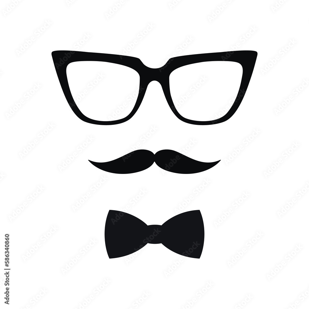 Wall mural hipster man character. black sunglasses, mustache and bow tie flat vector drawing illustration. hand