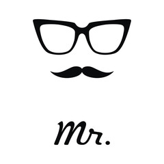 Mr. icon, hipster man character. Black sunglasses and mustache flat vector drawing. Hand drawn glasses frame silhouette. Minimal design, print, banner, card, poster, barber shop logo, sign, symbol.
