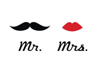 Mr. Mrs. icon, abstract man and woman character. Red lips and black mustache flat vector drawing illustration. Hand drawn silhouette. Minimal design, print, banner, card, poster, logo, sign, symbol.