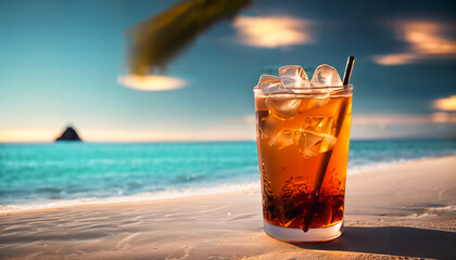 A cocktail / Long Island Ice Tea - at a beach / pool. Space for text.