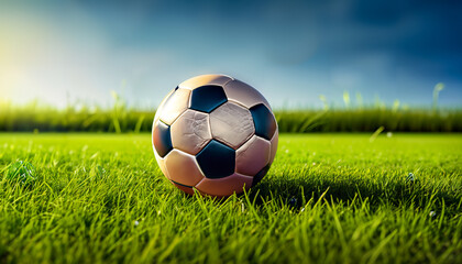 A football lies on a meadow. Ideal as background, banner, wallpaper. Space for text.