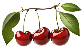 a summer-themed photoreal illustration featuring a group of juicy red cherries fruits on stems with leaves set on a transparent background in PNG. Generative AI