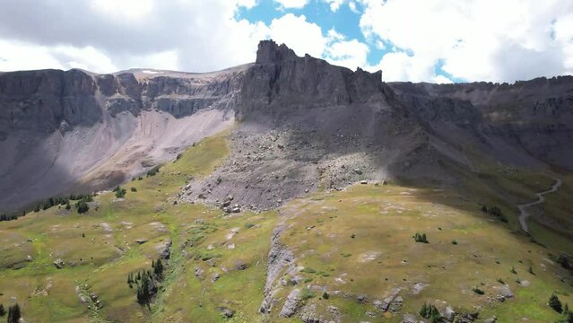 Governor Basin near Ouray, Colorado with Sneffels Mining District in the distance. Aerial 4K drone video in the Rocky Mountains.