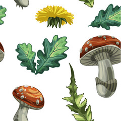 A pattern of wild mushrooms, leaves and flowers