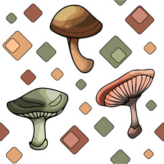 A pattern of wild mushrooms, dots and colours