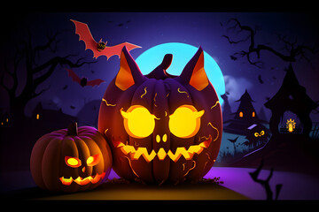 vertical illustration Halloween greeting card Holidays cartoon character halloween holiday concept. cute wicked cat and pumpkin on dark background place for text Generative AI