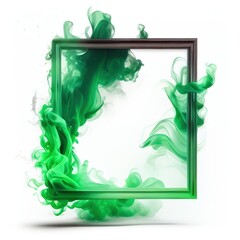 Green swirling smoke square frame isolated on white background. Green color abstract smooth flowing vapour. Ai generated square frame design.
