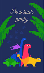 Dinosaurs party. Collection of different types of the dinosaurs in the jungle