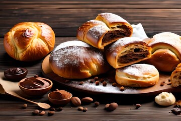 Freshly baked sweet buns puff pastry with chocolate and croissants on old wooden background. Breakfast or brunch concept with copy space, banner