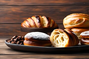 Freshly baked sweet buns puff pastry with chocolate and croissants on old wooden background. Breakfast or brunch concept with copy space, banner