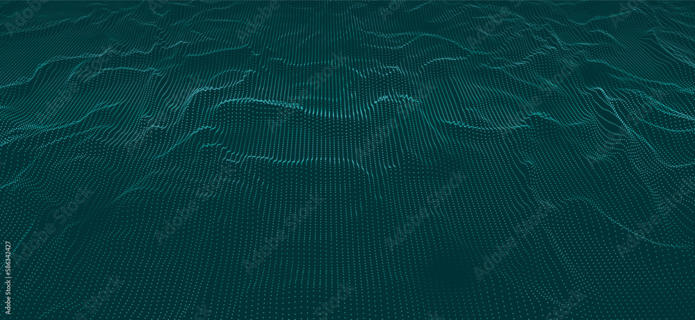 Poster wave of particles. futuristic dots pattern on dark background. big data digital code. technology or 