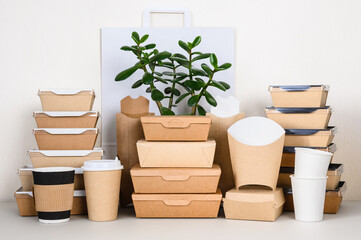 A range of eco-friendly disposable food packaging made from paper and cardboard. The concept of...