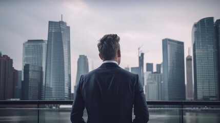 Fototapeta na wymiar Photo-realistic image of a businessman from behind, gazing at a modern city skyline, embodying ambition, success, and urban lifestyle. Envisioned by AI. 